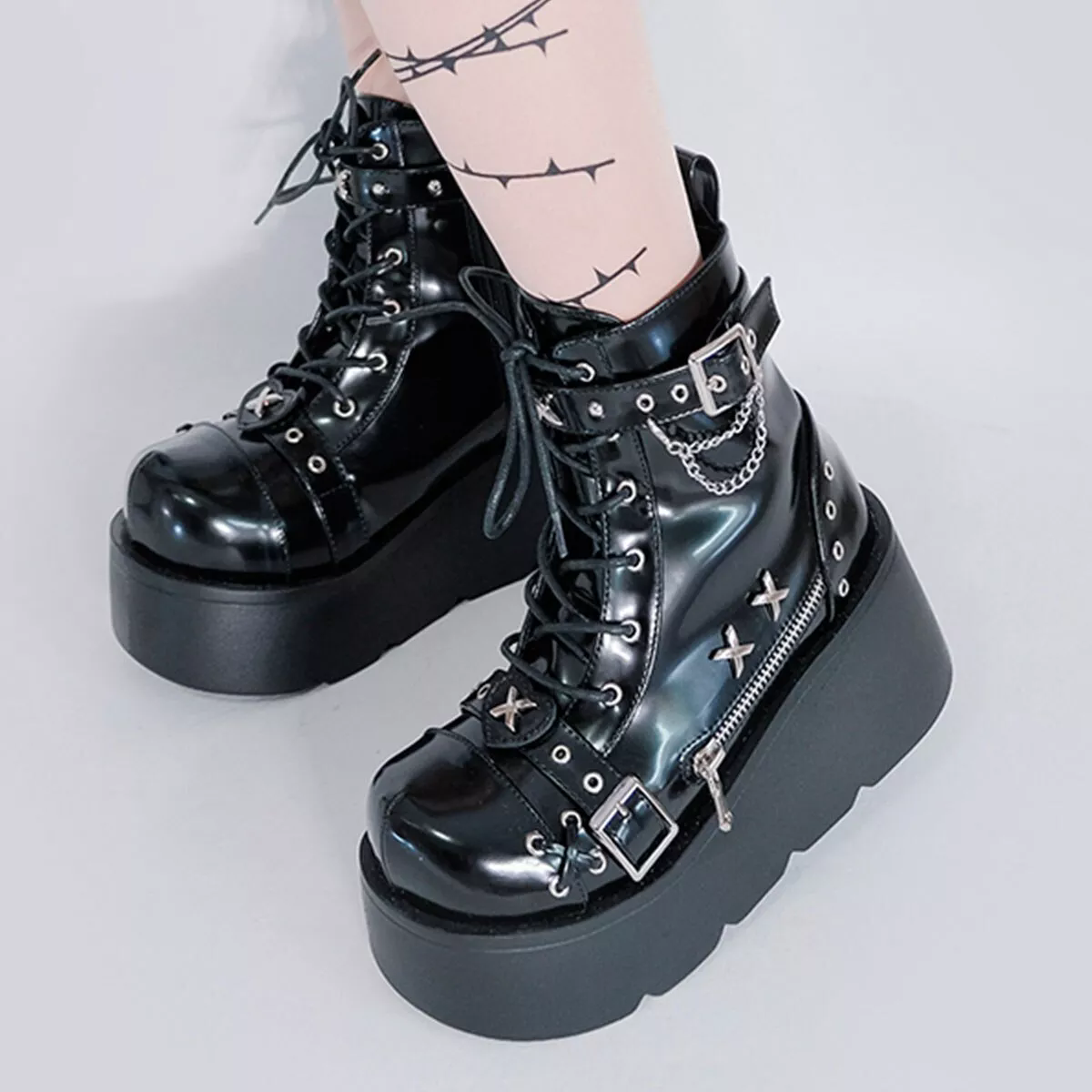 Gothic Style Platform Cosplay Women Mid-Calf Boots Wedges Comfy Motorcycle Boots - Picture 7 of 8