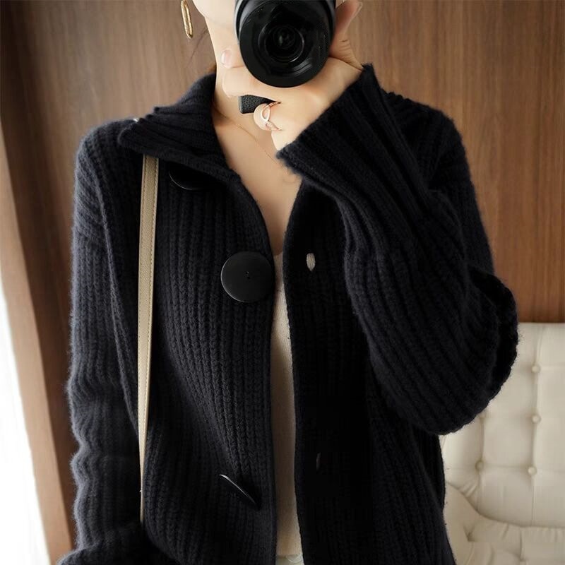 Damen Strickpullover Pullover Cardigan große Knopfleiste Reverskragen Langarm - Bild 5 von 6
