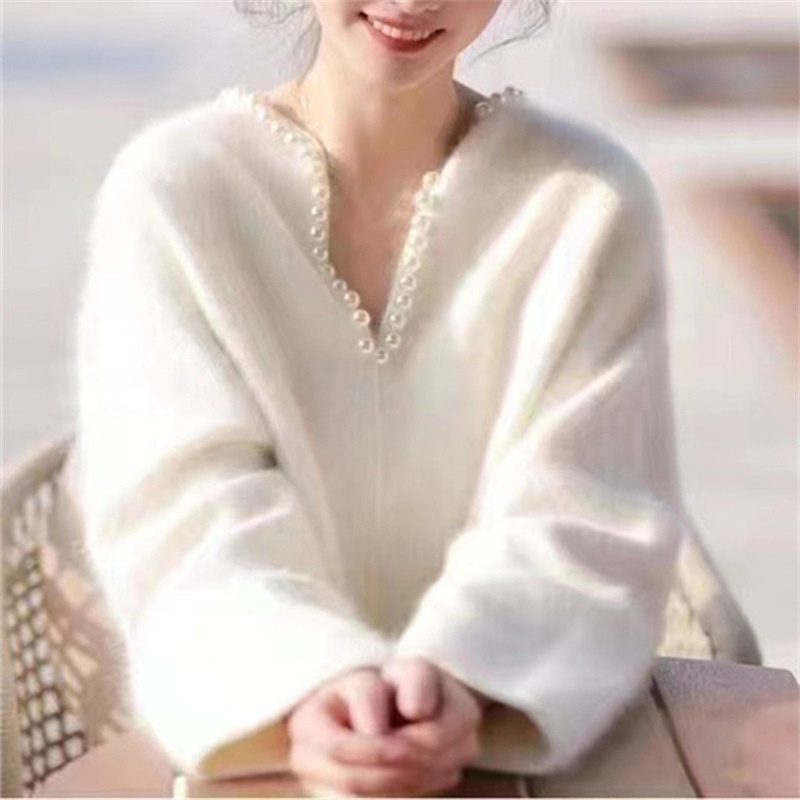 French Womens V-neck Sweater Knit Faux Pearl Winter Warm Casual Pullover Tops - Picture 11 of 11