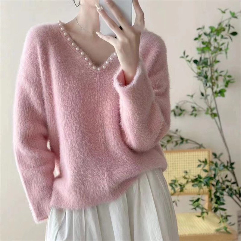 French Womens V-neck Sweater Knit Faux Pearl Winter Warm Casual Pullover Tops - Picture 8 of 11