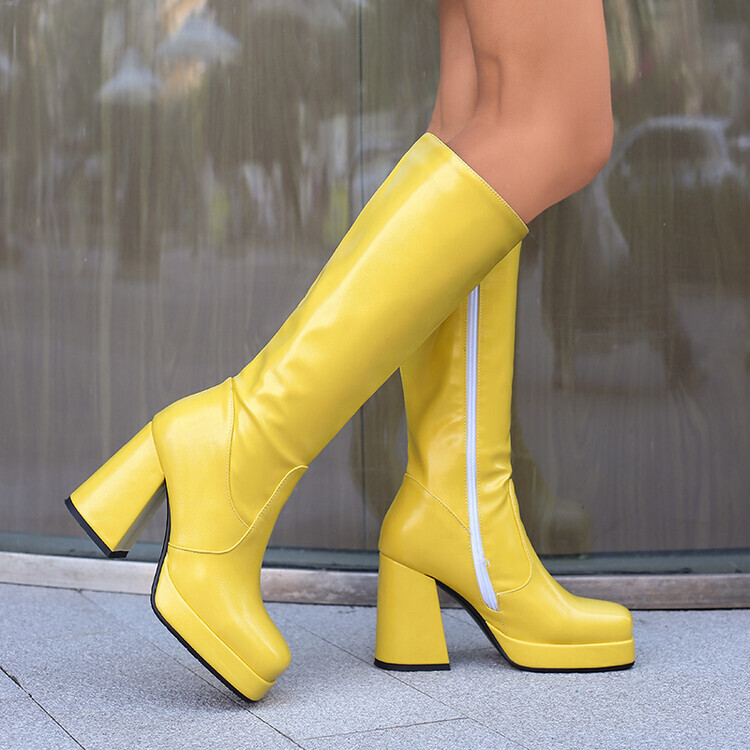Women Platform Gogo Boots Chunky Block Heel Side Zip Square Toe Knee High Boots - Picture 22 of 22