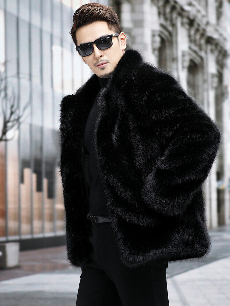 Mink Fur Jacket Men's Faux Fox Fur Coat Short Lapel Thickened Winter Warm Jacket - Picture 11 of 12