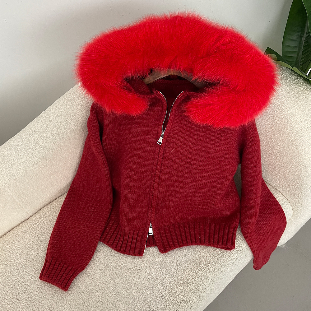 Otoño Invierno Informal Abrigo con Capucha Cuello de Piel Moda Corto Tejido Chaqueta Suéter - Imagen 13 de 15