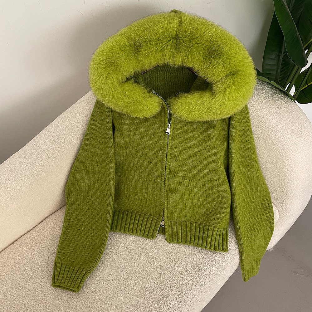 Otoño Invierno Informal Abrigo con Capucha Cuello de Piel Moda Corto Tejido Chaqueta Suéter - Imagen 14 de 15