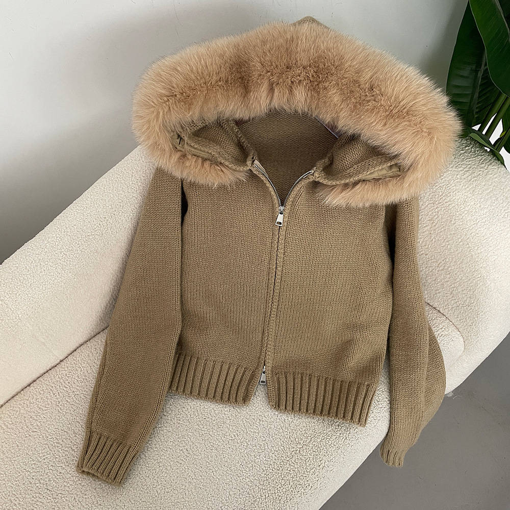 Otoño Invierno Informal Abrigo con Capucha Cuello de Piel Moda Corto Tejido Chaqueta Suéter - Imagen 11 de 15