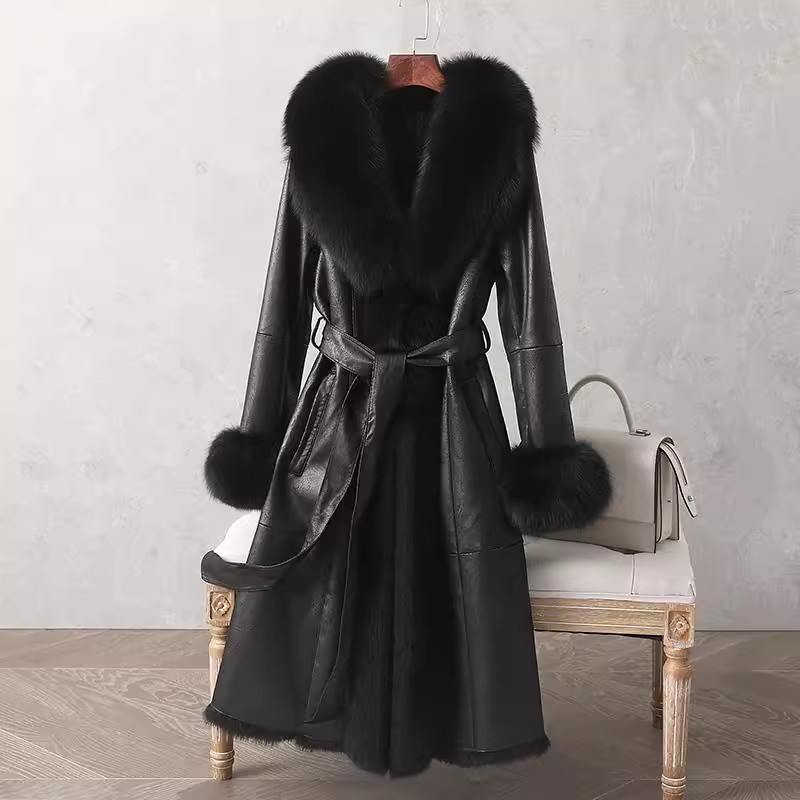 Faux Fox Fur Collar Womens Rabbit Fur Lining Parkas Thicken Leather Coat Warm Ou - Picture 6 of 9