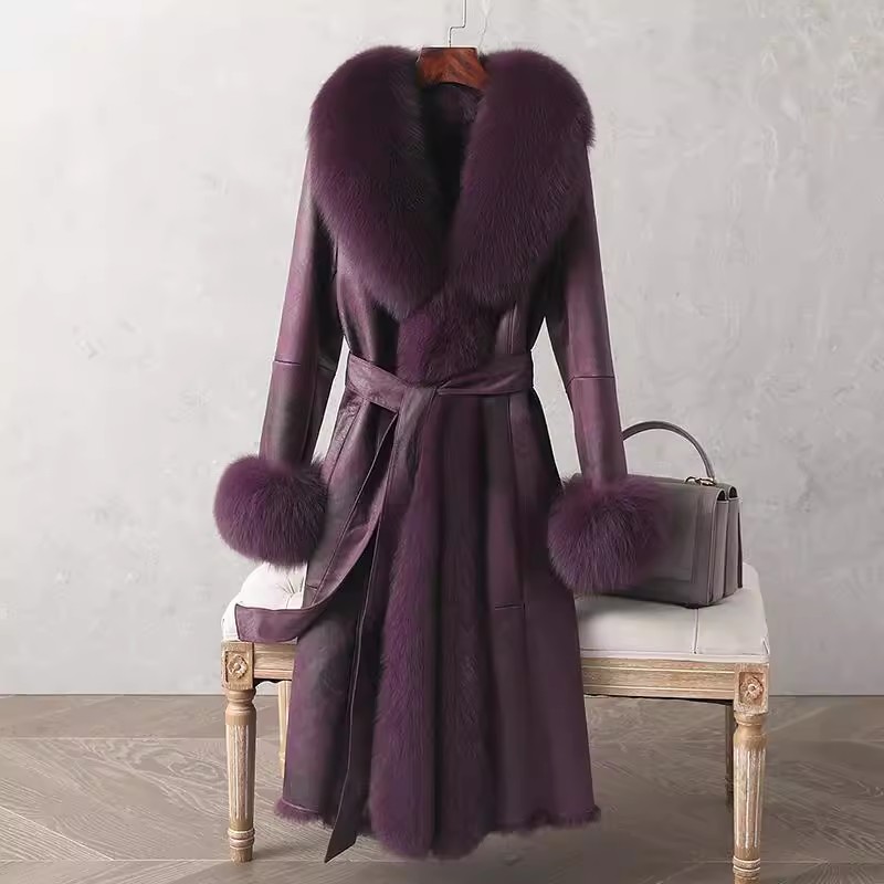 Faux Fox Fur Collar Womens Rabbit Fur Lining Parkas Thicken Leather Coat Warm Ou - Picture 8 of 9