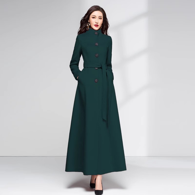 Women Ladies Maxi Long Full Length Belted Coat Single Breasted Wool Blend Trench - Picture 8 of 11