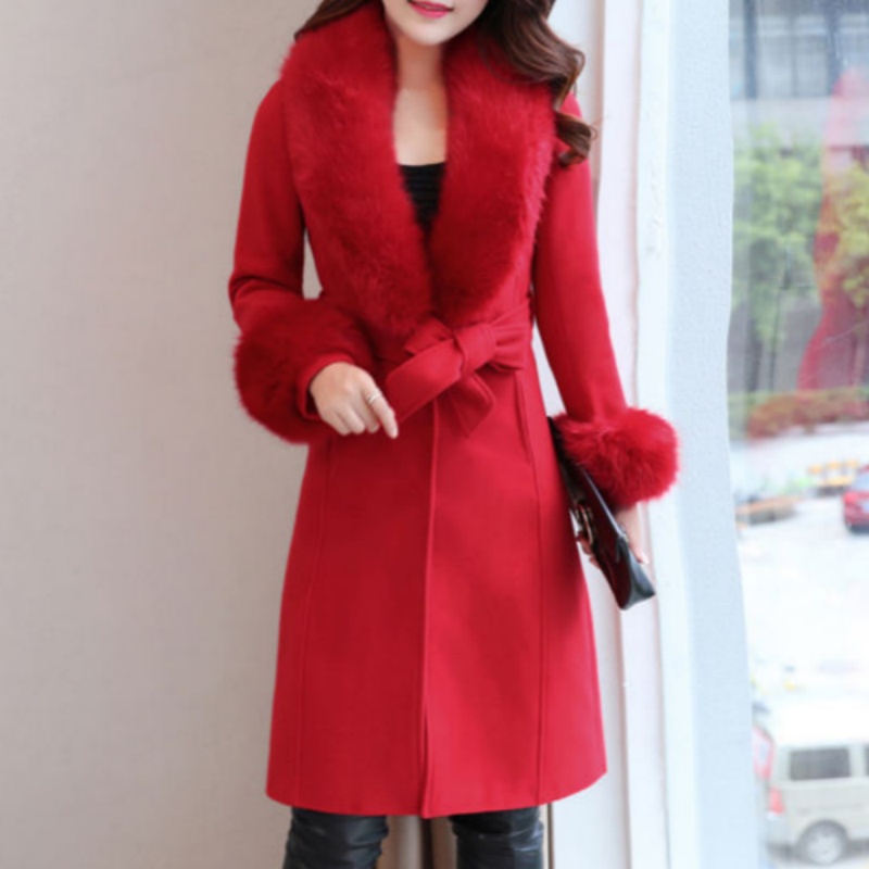 Women Slim Woolen Coat with Big Fur Collar Jacket Winter Warm Long Parka Outwear - Picture 7 of 7