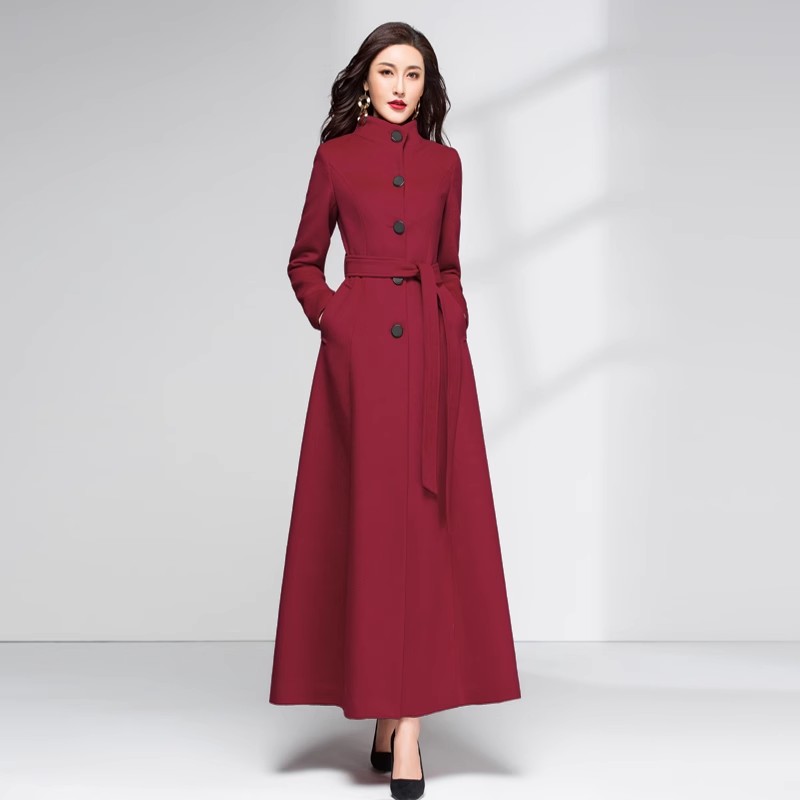 Women Ladies Maxi Long Full Length Belted Coat Single Breasted Wool Blend Trench - Picture 11 of 11