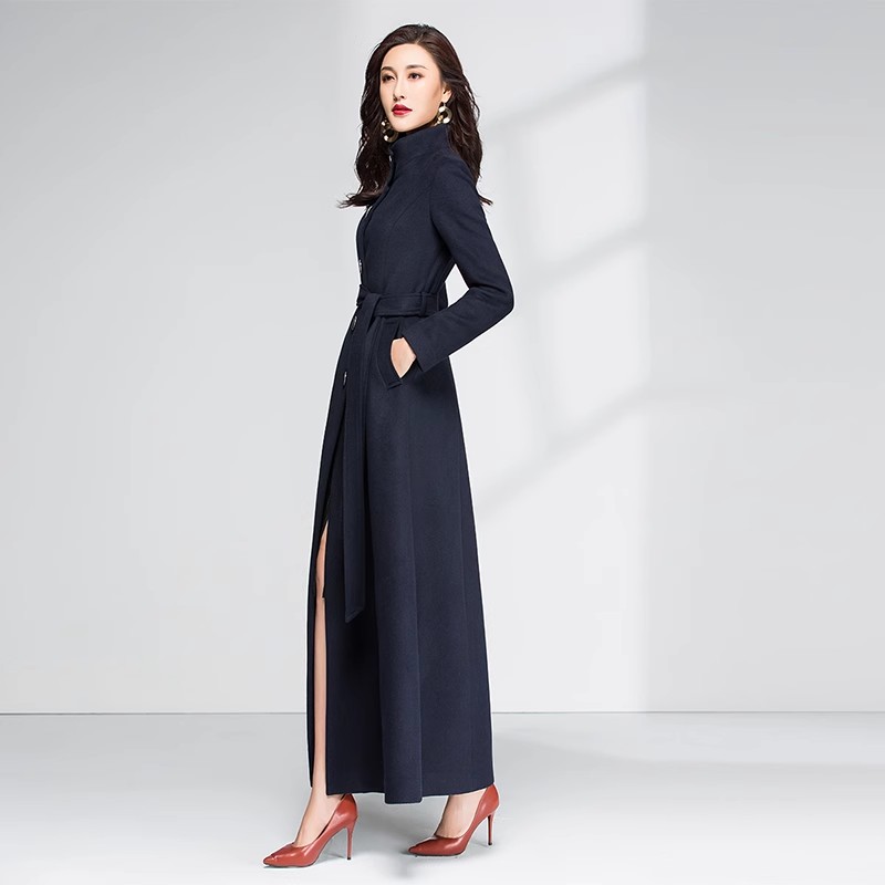 Women Ladies Maxi Long Full Length Belted Coat Single Breasted Wool Blend Trench - Picture 9 of 11