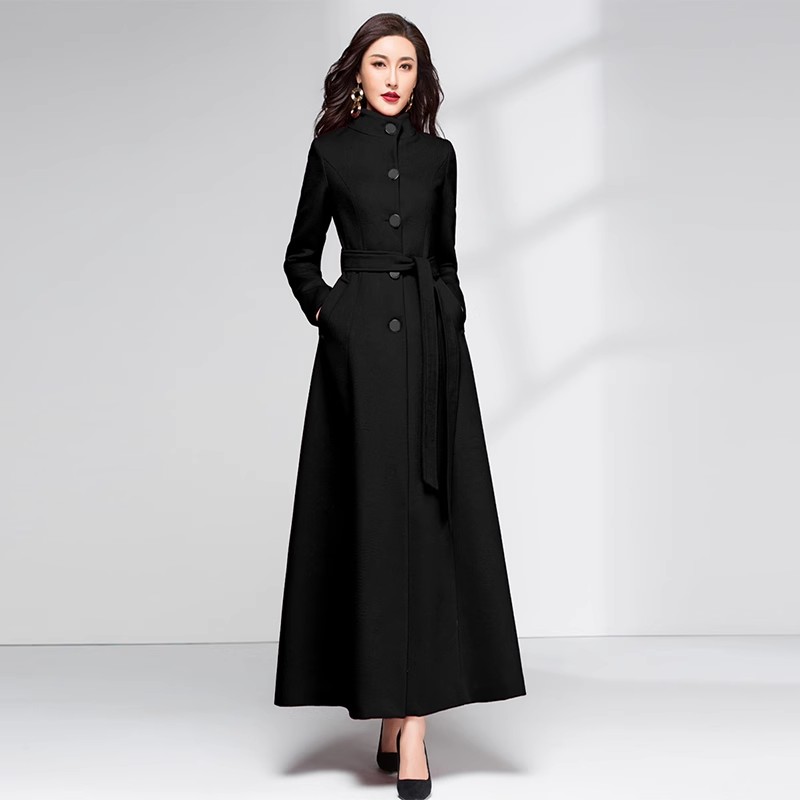 Women Ladies Maxi Long Full Length Belted Coat Single Breasted Wool Blend Trench - Picture 7 of 11