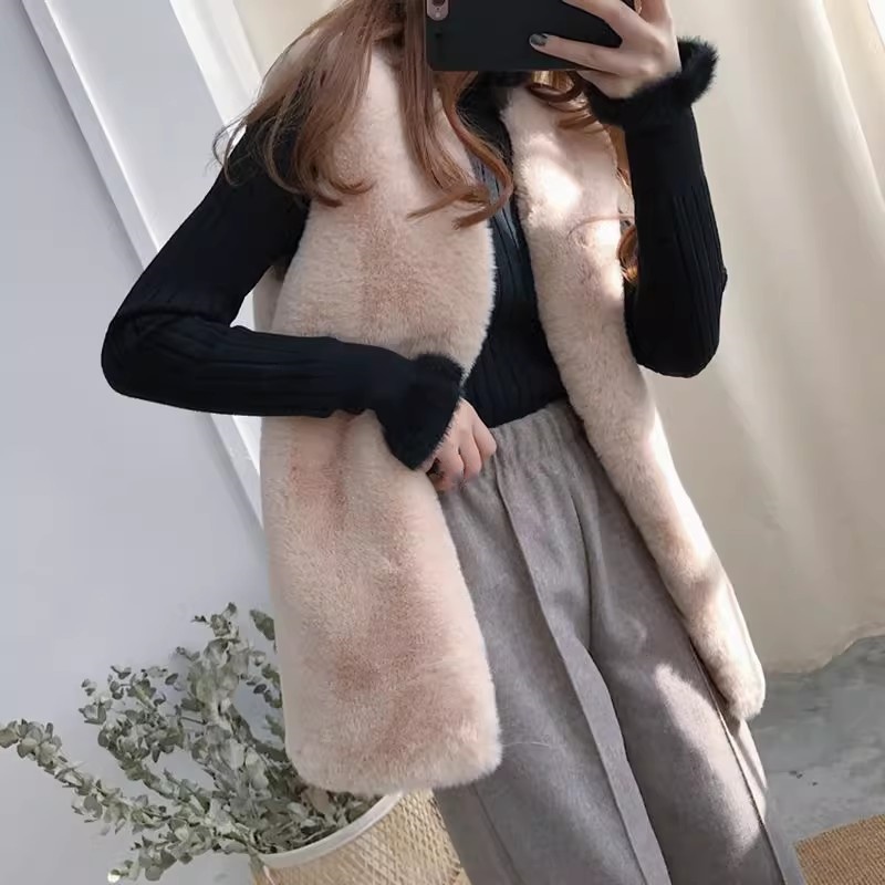 Women Faux Rabbit Fur Waistcoat Gilet Jacket Coat Furry Fluffy Shaggy Plush Vest - Picture 10 of 11
