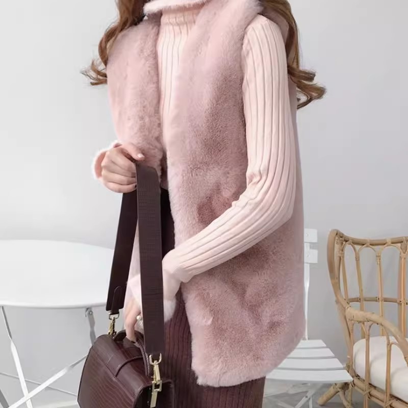 Women Faux Rabbit Fur Waistcoat Gilet Jacket Coat Furry Fluffy Shaggy Plush Vest - Picture 9 of 11