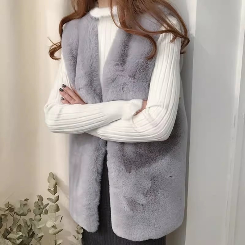 Women Faux Rabbit Fur Waistcoat Gilet Jacket Coat Furry Fluffy Shaggy Plush Vest - Picture 11 of 11