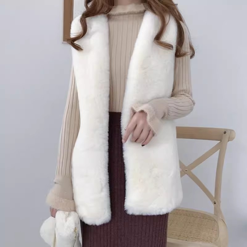 Women Faux Rabbit Fur Waistcoat Gilet Jacket Coat Furry Fluffy Shaggy Plush Vest - Picture 8 of 11