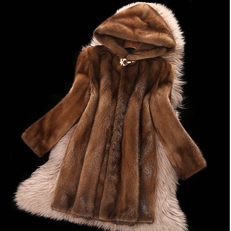 Abrigo cálido de piel de visón sintético para mujer con capucha chaqueta gruesa lisa ropa exterior larga invierno - Imagen 6 de 6
