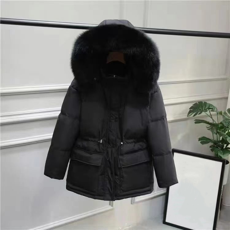 Schlankmachender Mantel mit Kordelzug und dickem Fellkragen Kapuze warme Winterjacke Oberbekleidung - Bild 15 von 16