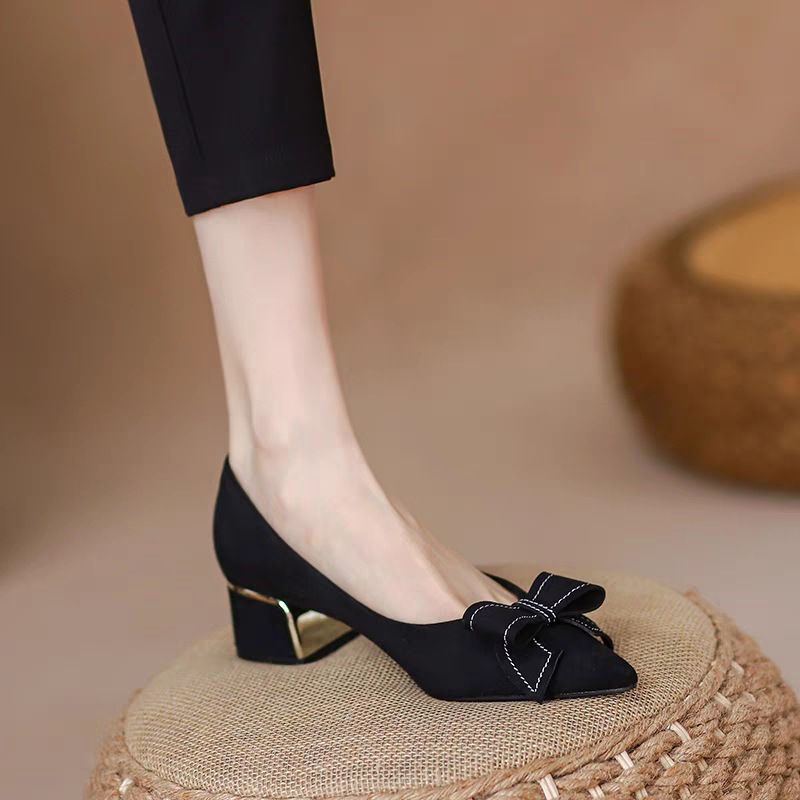 Bow Shoes Pumps Womens Pointed Toe Mid Heels Party Shoe Faux-Suede Plus Size US - Picture 9 of 9