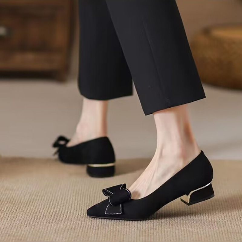 Bow Shoes Pumps Womens Pointed Toe Mid Heels Party Shoe Faux-Suede Plus Size US - Picture 8 of 9