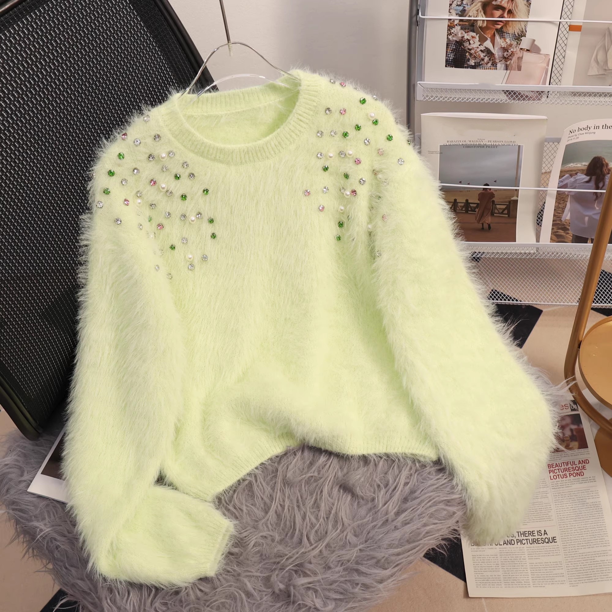 Suéter Top tejido mangas largas cuello redondo imitación piel pedrería para mujer - Imagen 5 de 6