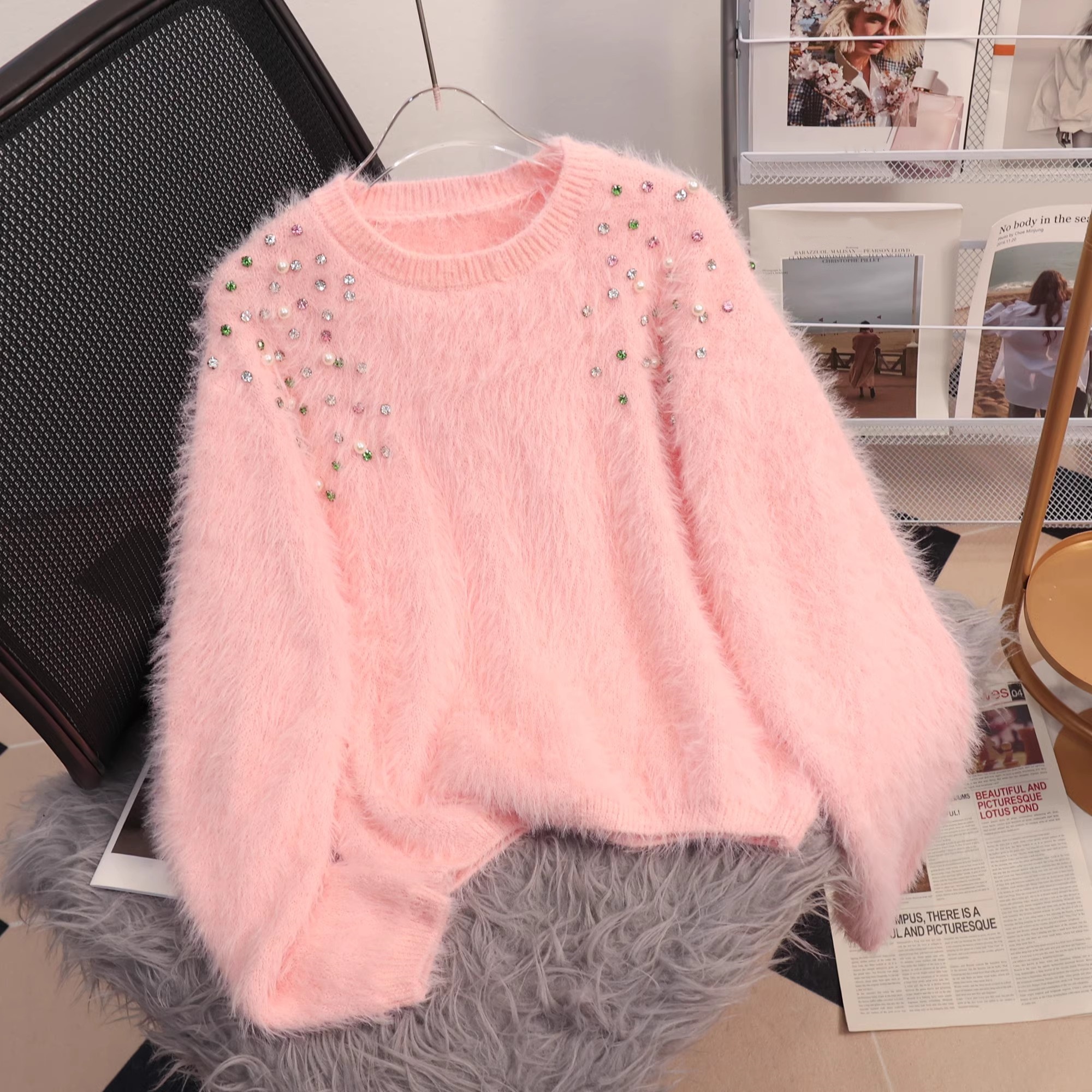 Suéter Top tejido mangas largas cuello redondo imitación piel pedrería para mujer - Imagen 4 de 6