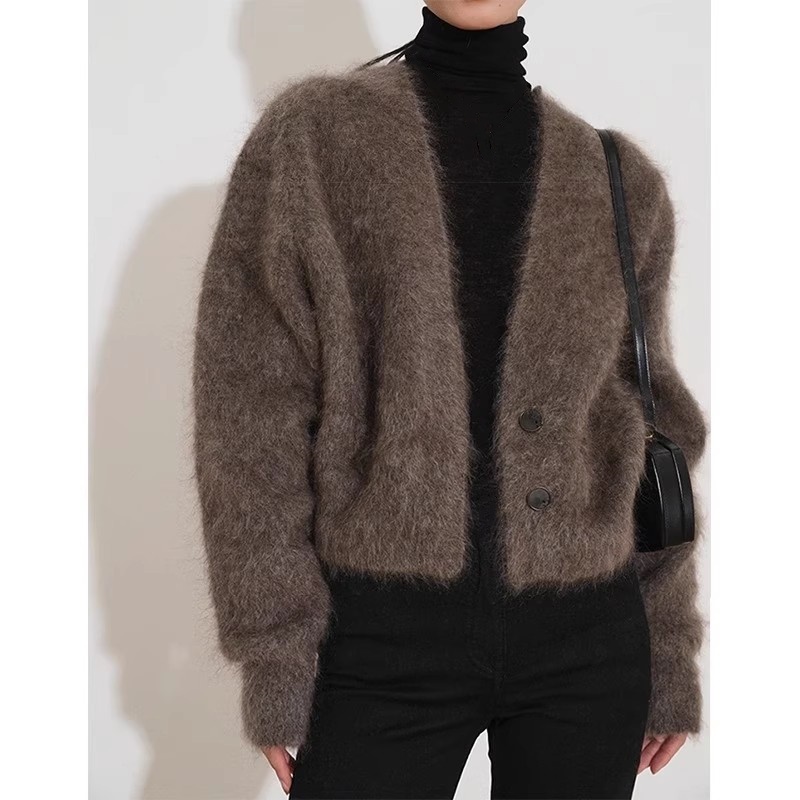 Mujeres Imitación Piel Mohair Cuello en V Sencillo Pecho Tejido Suéter Cárdigan Abrigo Prendas para el torso - Imagen 8 de 10