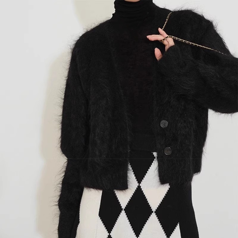 Mujeres Imitación Piel Mohair Cuello en V Sencillo Pecho Tejido Suéter Cárdigan Abrigo Prendas para el torso - Imagen 7 de 10