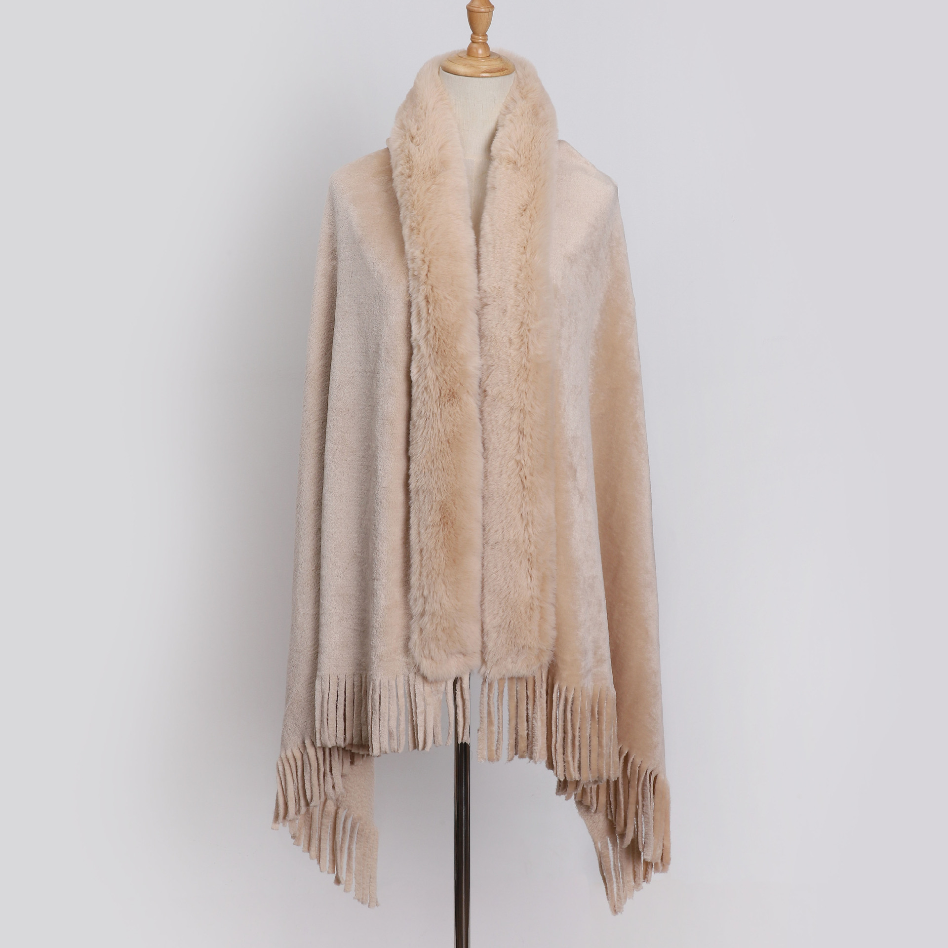 Women's Faux Fur Collar Shawl Coat Cloak Warm Tops Tassel Poncho Cape Jacket - Picture 14 of 22