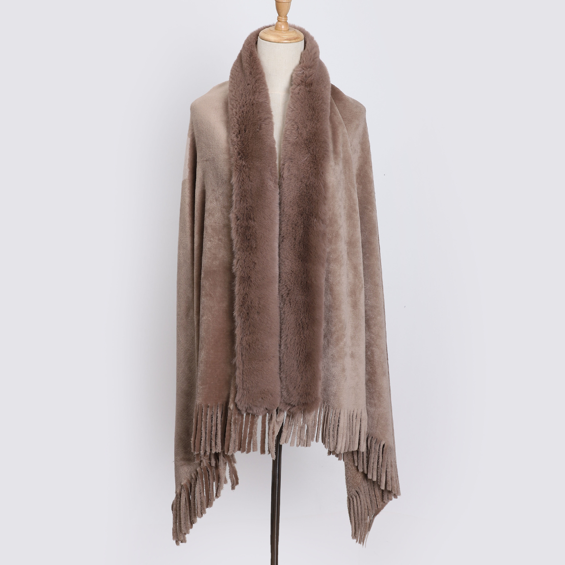 Women's Faux Fur Collar Shawl Coat Cloak Warm Tops Tassel Poncho Cape Jacket - Picture 20 of 22