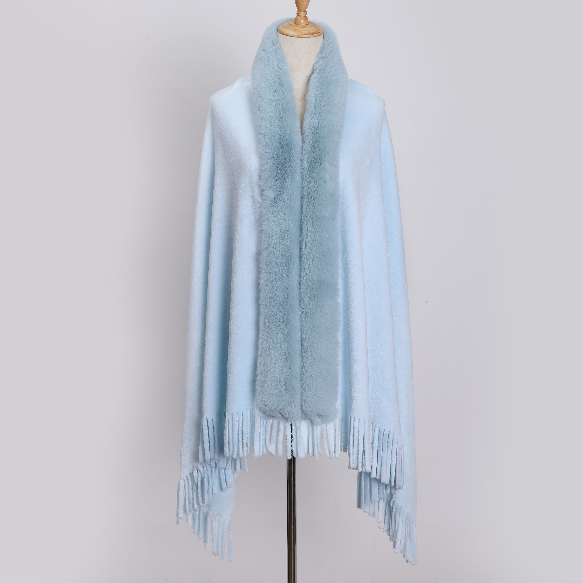 Women's Faux Fur Collar Shawl Coat Cloak Warm Tops Tassel Poncho Cape Jacket - Picture 19 of 22