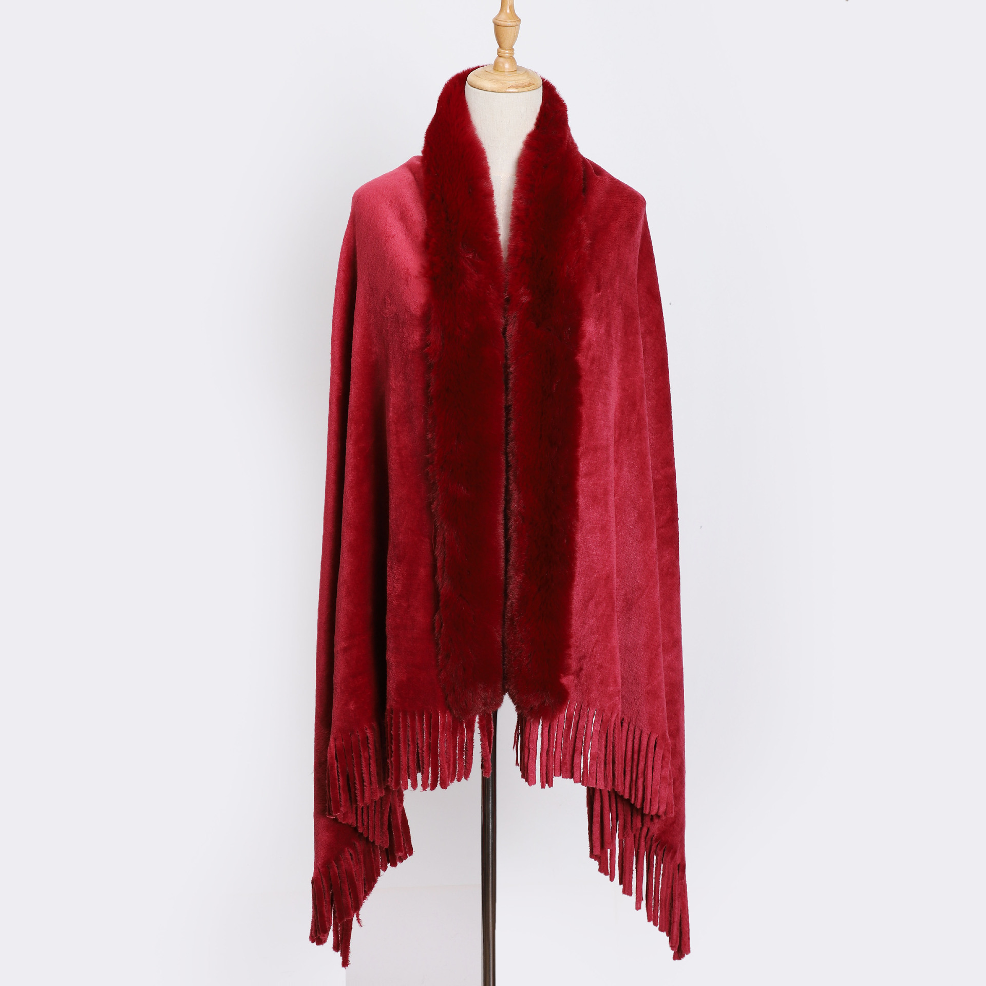 Women's Faux Fur Collar Shawl Coat Cloak Warm Tops Tassel Poncho Cape Jacket - Picture 22 of 22