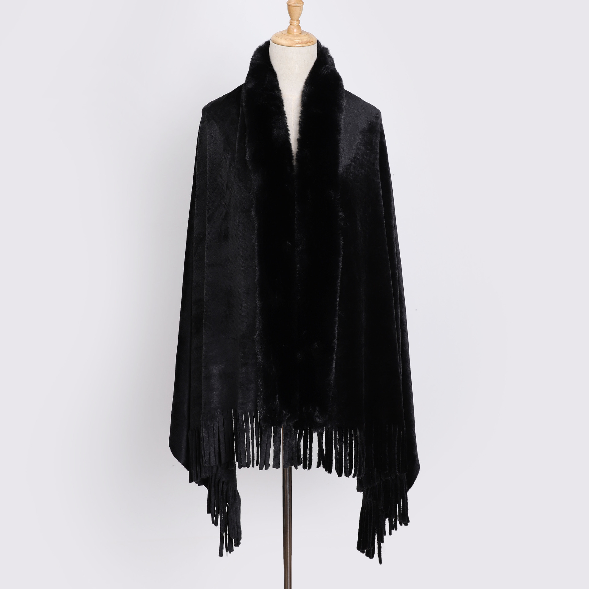 Women's Faux Fur Collar Shawl Coat Cloak Warm Tops Tassel Poncho Cape Jacket - Picture 12 of 22