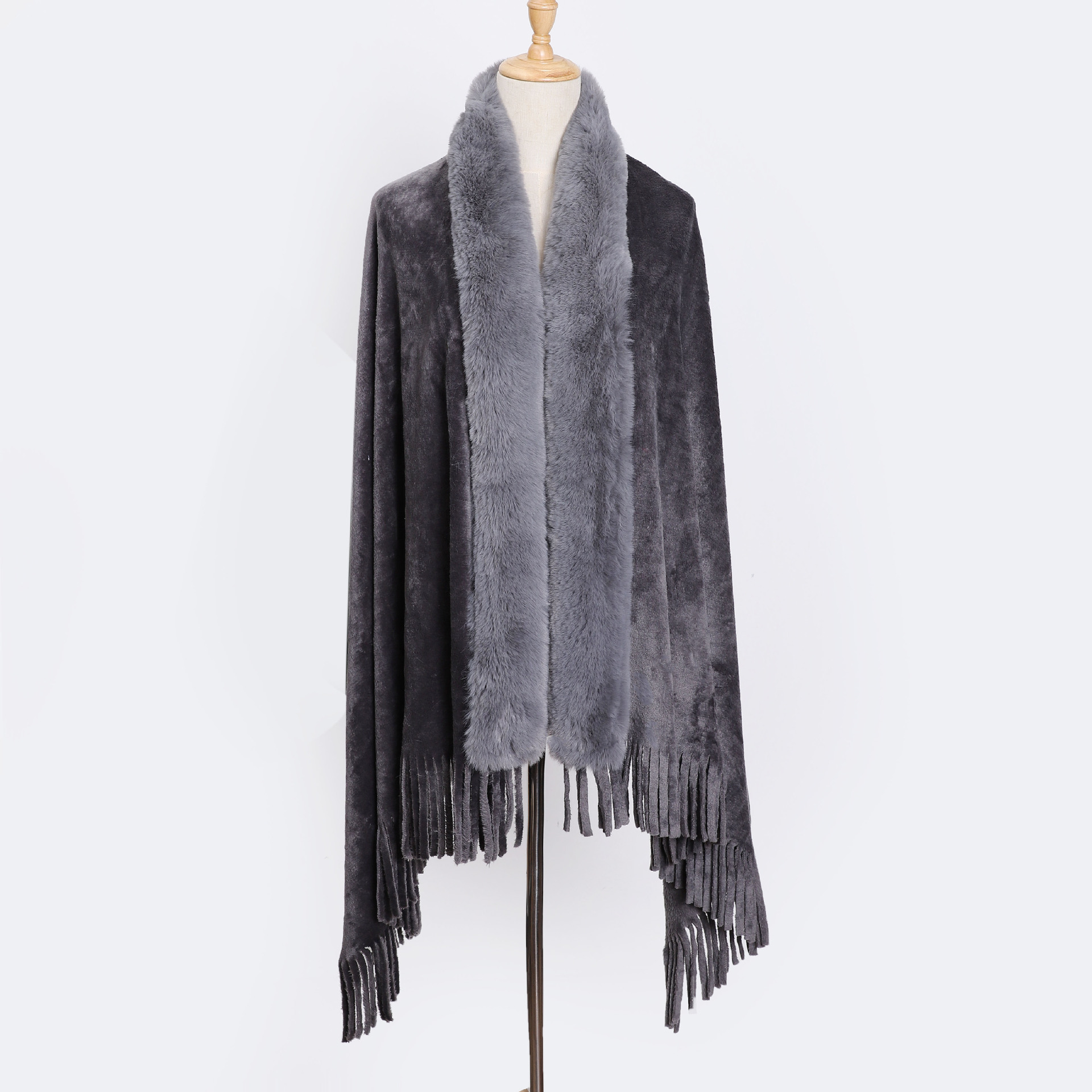 Women's Faux Fur Collar Shawl Coat Cloak Warm Tops Tassel Poncho Cape Jacket - Picture 16 of 22