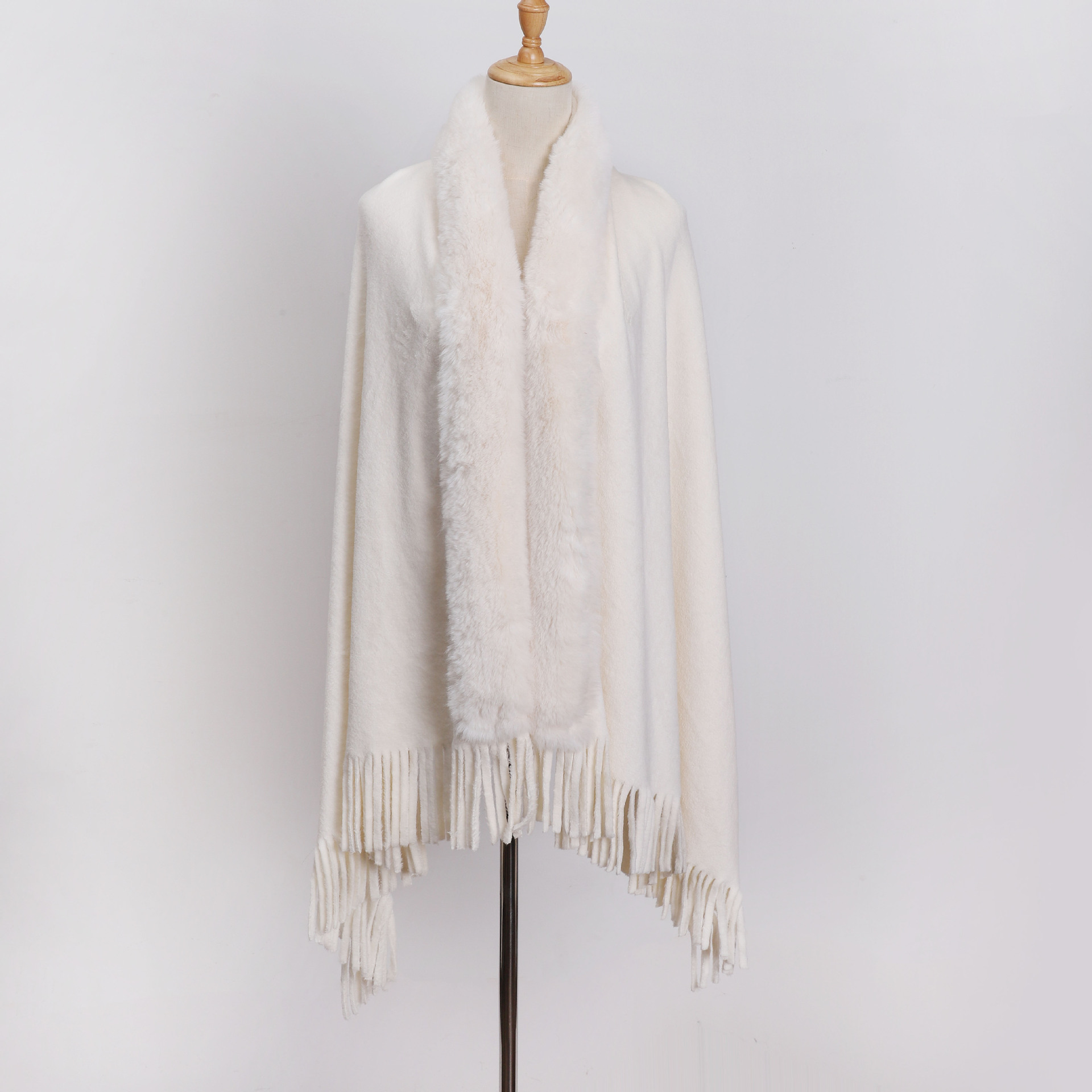 Women's Faux Fur Collar Shawl Coat Cloak Warm Tops Tassel Poncho Cape Jacket - Picture 11 of 22