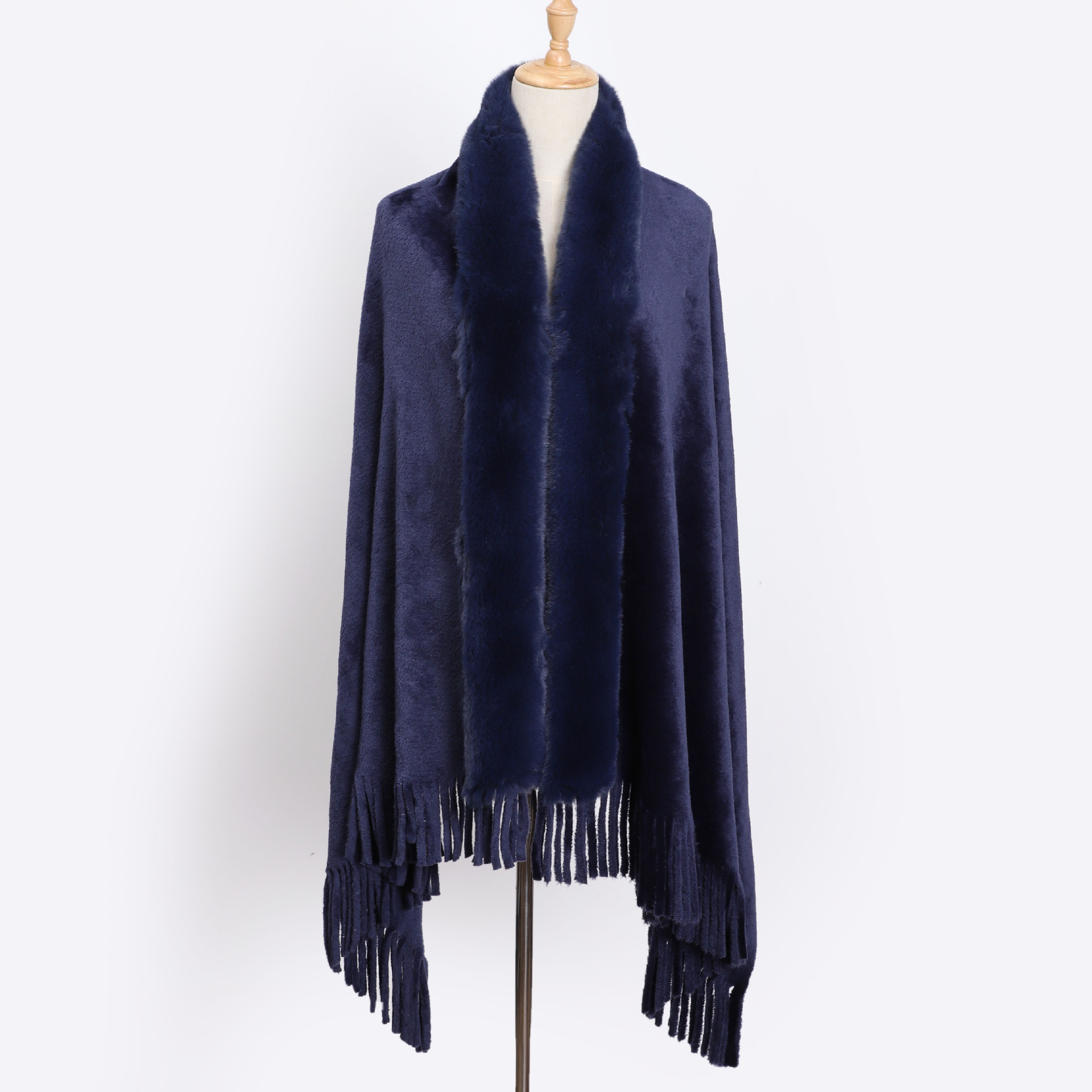 Women's Faux Fur Collar Shawl Coat Cloak Warm Tops Tassel Poncho Cape Jacket - Picture 21 of 22