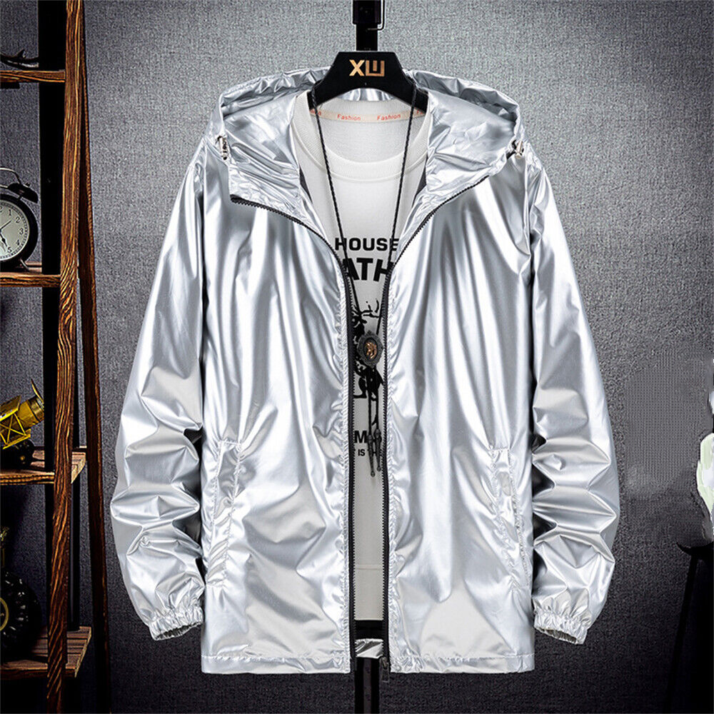 Metallic Jacket for Men's Solid Zipper Sparkle Shiny Hooded Windbreaker Casual - Picture 14 of 16