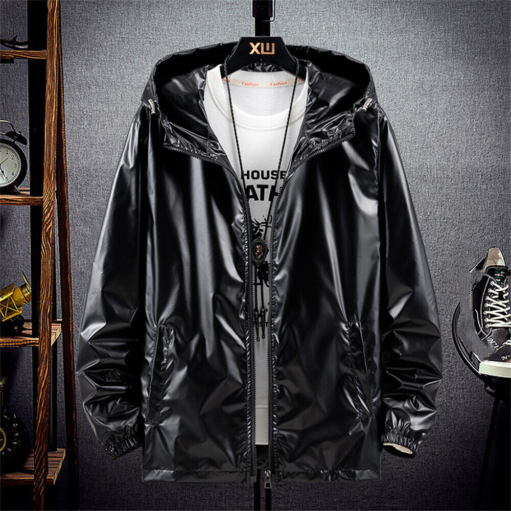 Metallic Jacket for Men's Solid Zipper Sparkle Shiny Hooded Windbreaker Casual - Picture 12 of 16