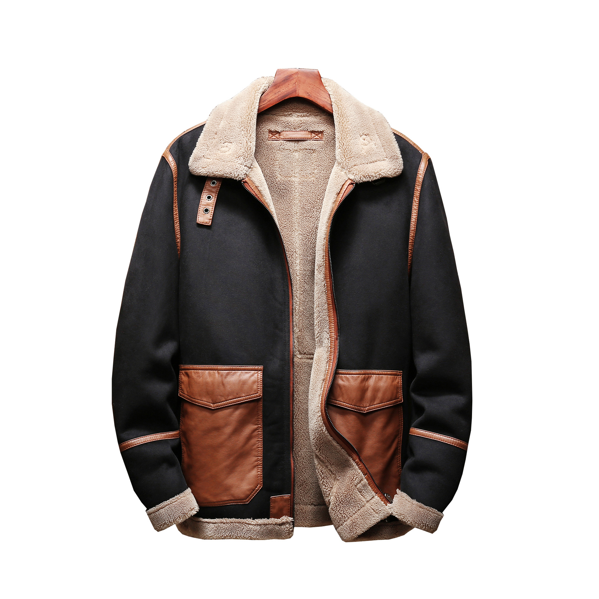 Mens Winter Warm Faux Lamb Fur Lining Jacket Thick Motorcycle Coat Parka Outwear - Picture 9 of 9
