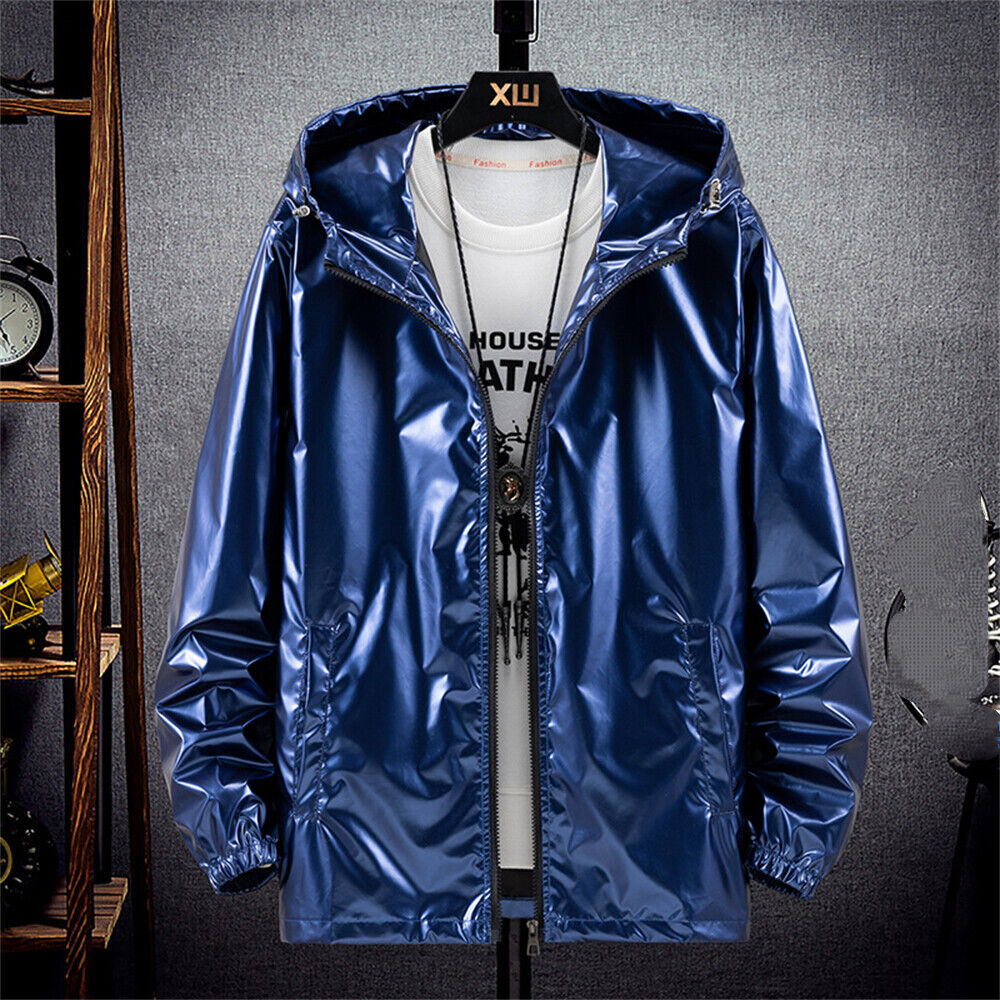Metallic Jacket for Men's Solid Zipper Sparkle Shiny Hooded Windbreaker Casual - Picture 15 of 16