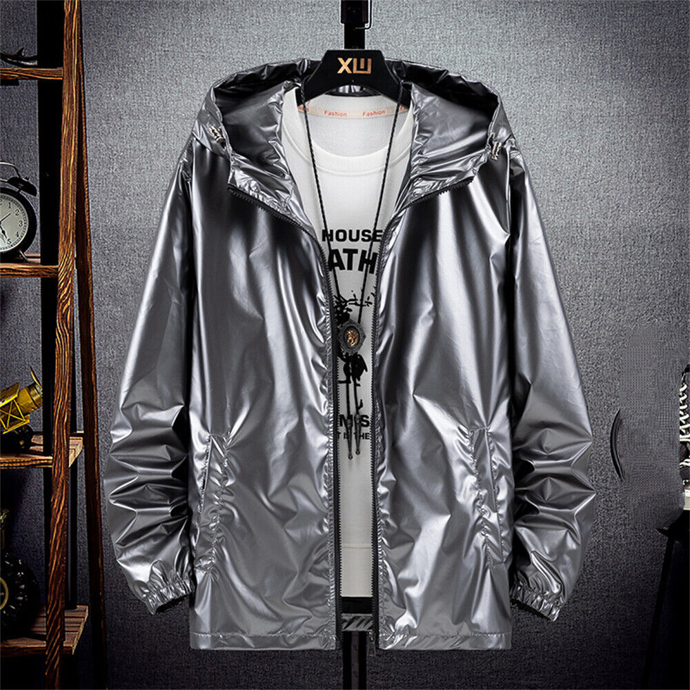 Metallic Jacket for Men's Solid Zipper Sparkle Shiny Hooded Windbreaker Casual - Picture 16 of 16