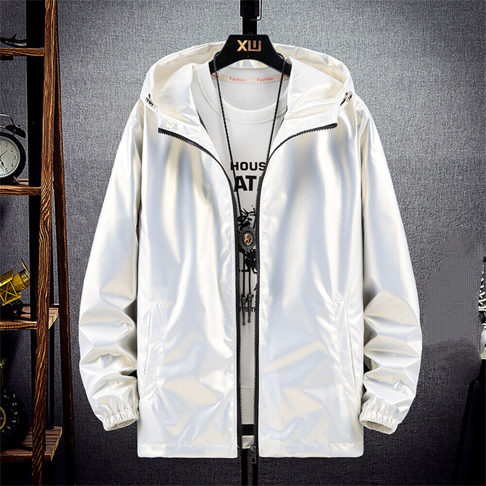 Metallic Jacket for Men's Solid Zipper Sparkle Shiny Hooded Windbreaker Casual - Picture 13 of 16