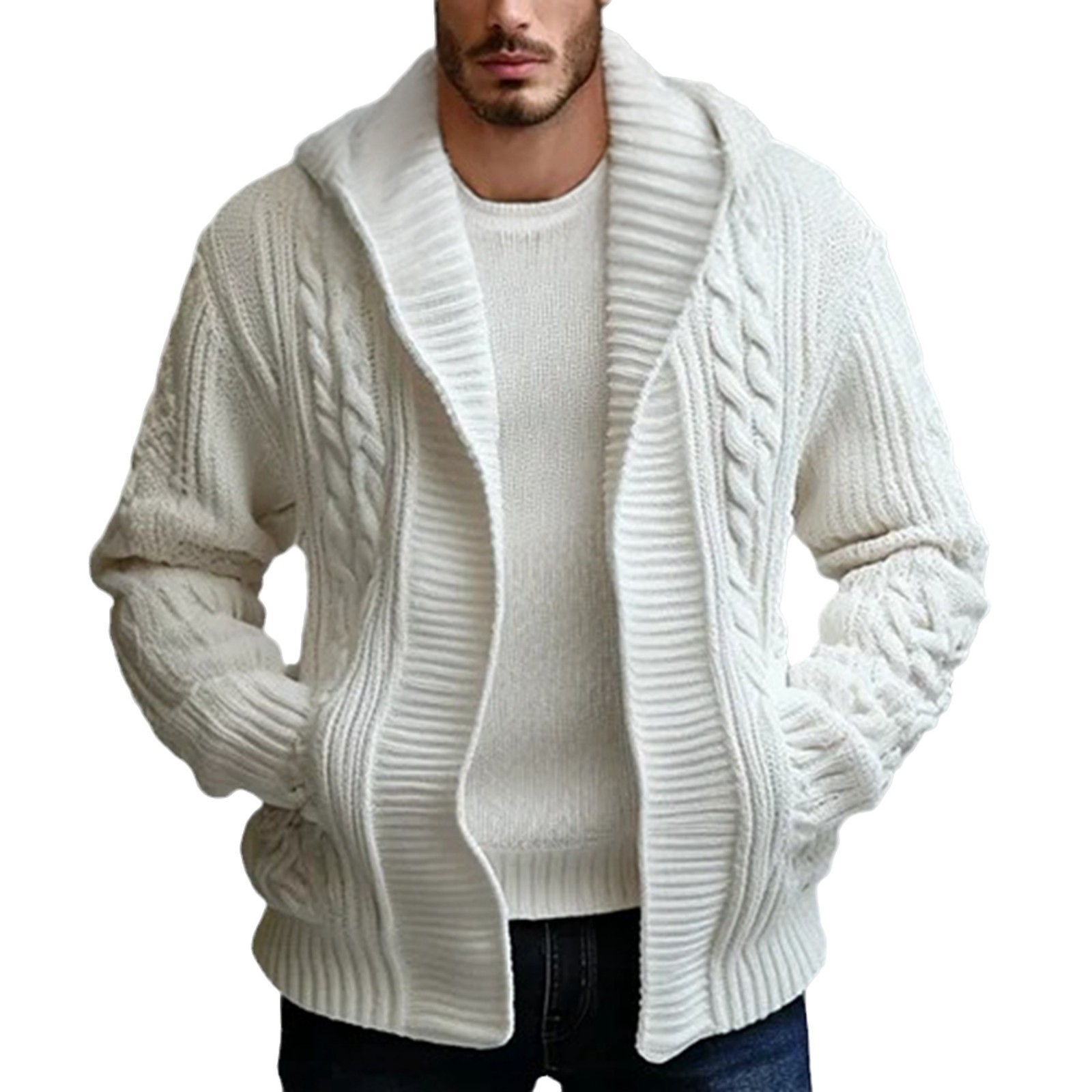 Men Twisted Knitted Cardigan Jacket Slim Long Sleeve Casual Sweater Coat Hoodie - Picture 7 of 7