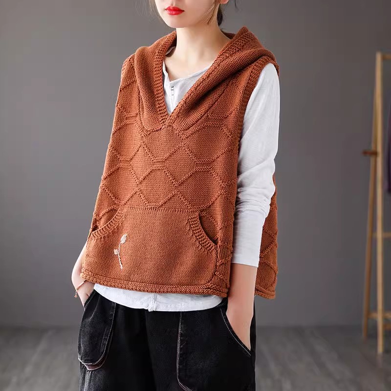 Women Pullover Hooded Vest Waistcoat Knit Tank Top Sleeveless Jumper Sweater