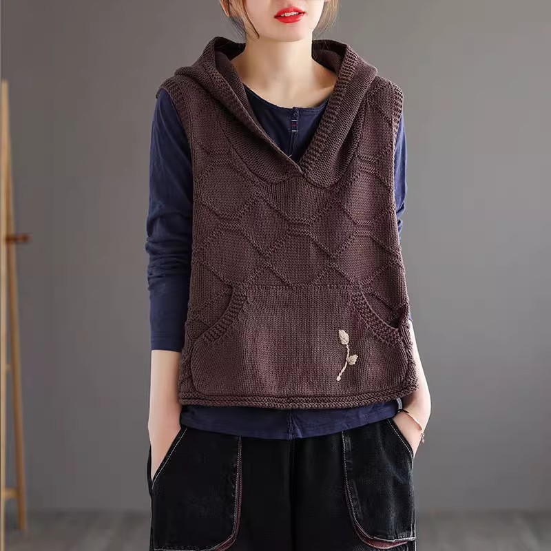 Women Pullover Hooded Vest Waistcoat Knit Tank Top Sleeveless Jumper Sweater