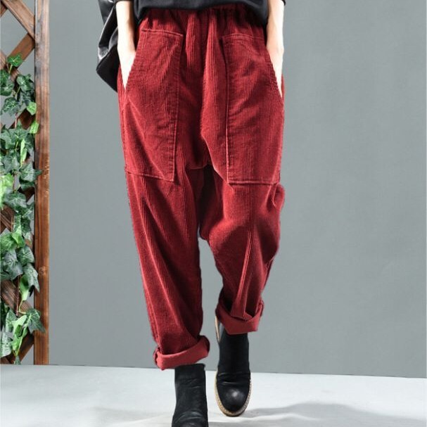 Womens Elastic Waist Corduroy Wide Leg Pants Ladies Side Pockets Harem Trousers - Picture 10 of 10