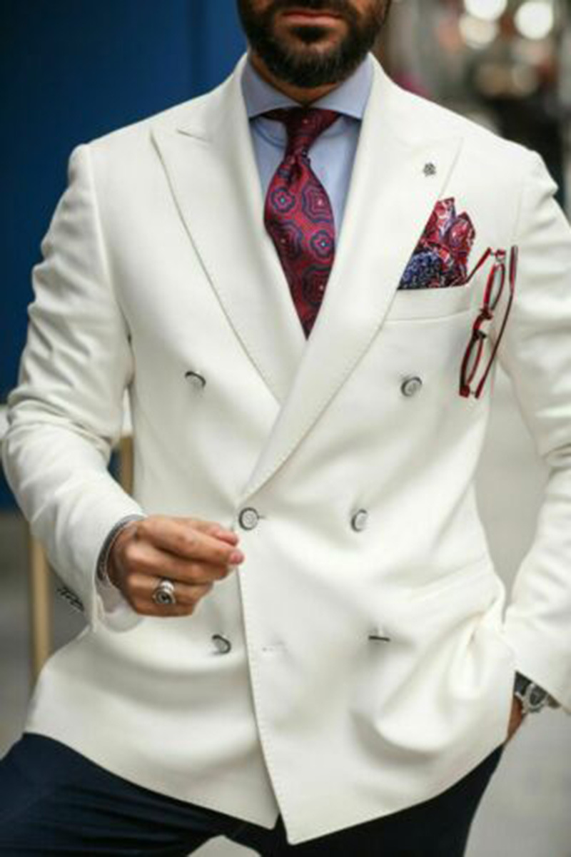 White Men's Suits Tops Double Breasted Peak Lapel Blazer Jackets Wedding Grooms - Picture 8 of 9