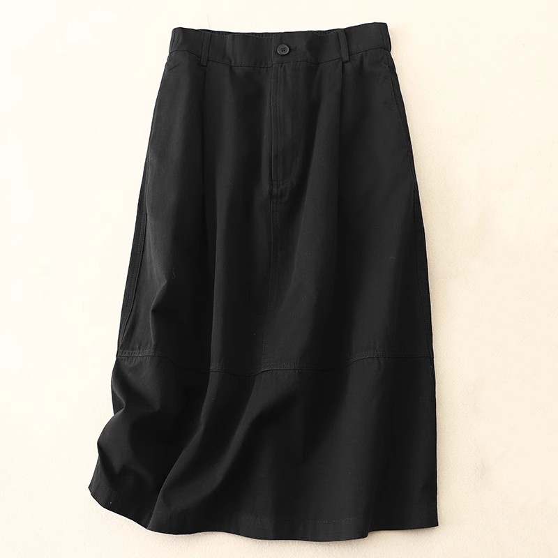 Womens Cotton Blend Cargo Skirt Elastic Waist A Line Japanese Style Casual Midi - Picture 8 of 9