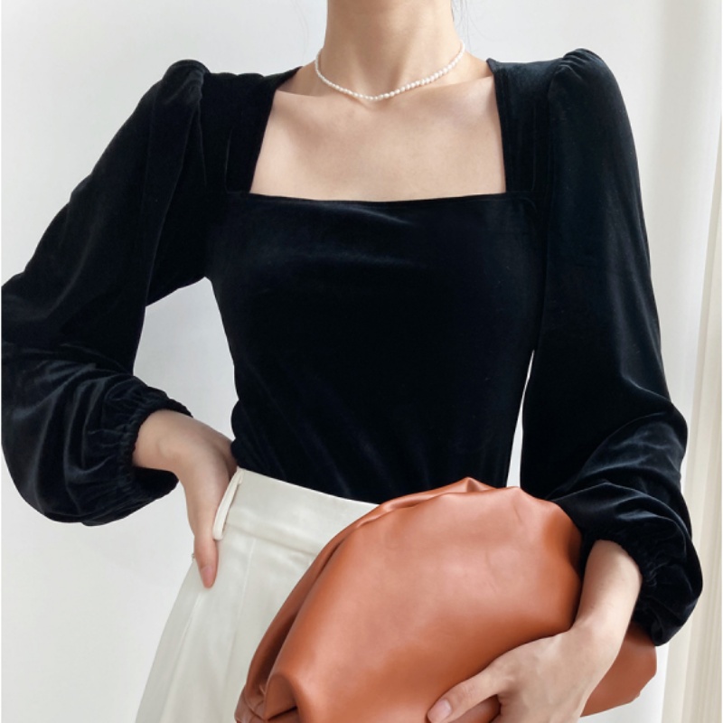 Womens Velvet Square Neck Long Puff Sleeves Shirt Elegant Blouse Short Tops Tee - Picture 7 of 7