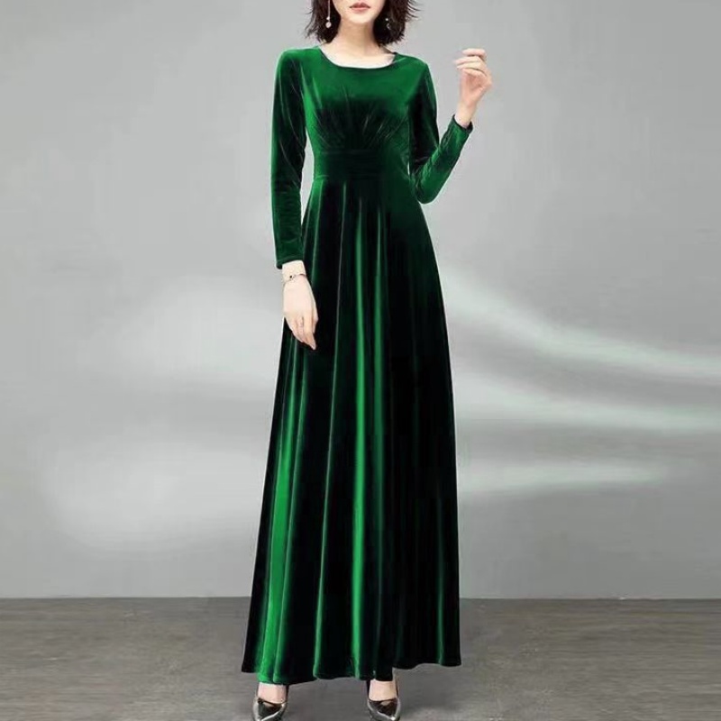 Women Long Velvet Dress Crew Neck Pleated Stretchy Cocktail Plus Size Ball Gown - Picture 21 of 21